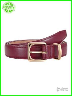 Women Faux Leather Skinny Belt Square Gold Buckle
